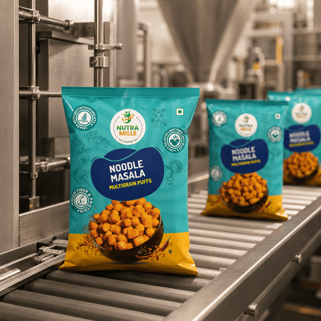 Sealed Nutra Mille packs moving along the packaging line
